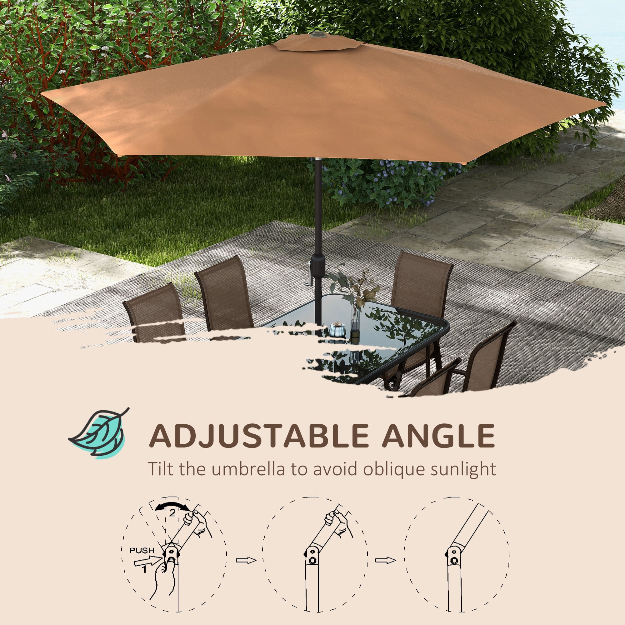 Outsunny 8 Piece Patio Furniture Set with Umbrella, Outdoor Dining Table and Chairs, 6 Chairs, Push Button Tilt and Crank Parasol, Glass Top, Brown