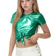 thumbnail image 2 of Girls Green Metallic Crop Top Tie Front Short Sleeve Shiny Party T Shirt Kids Summer Fashion Tops,Size 9-10T, 2 of 6