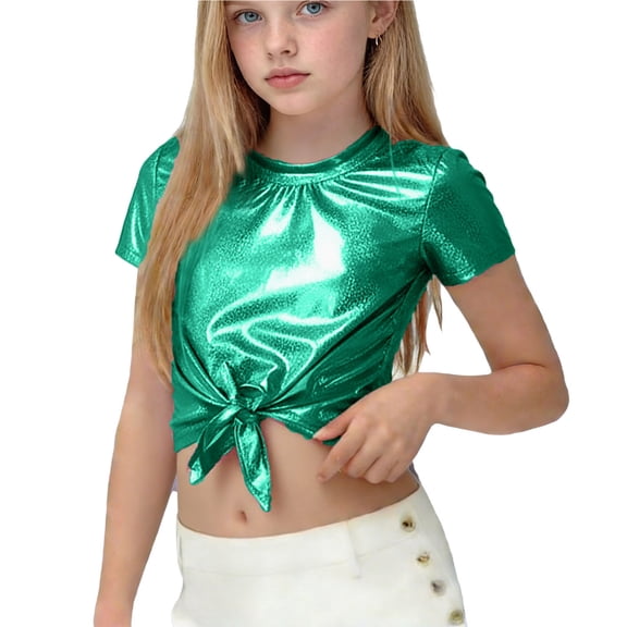 UQJfacai Girls Shirts Metallic Shiny Crop Tops Summer Short Sleeve T Shirt Hip Hop Dance Tie Front Crewneck Tees 2-14 Years