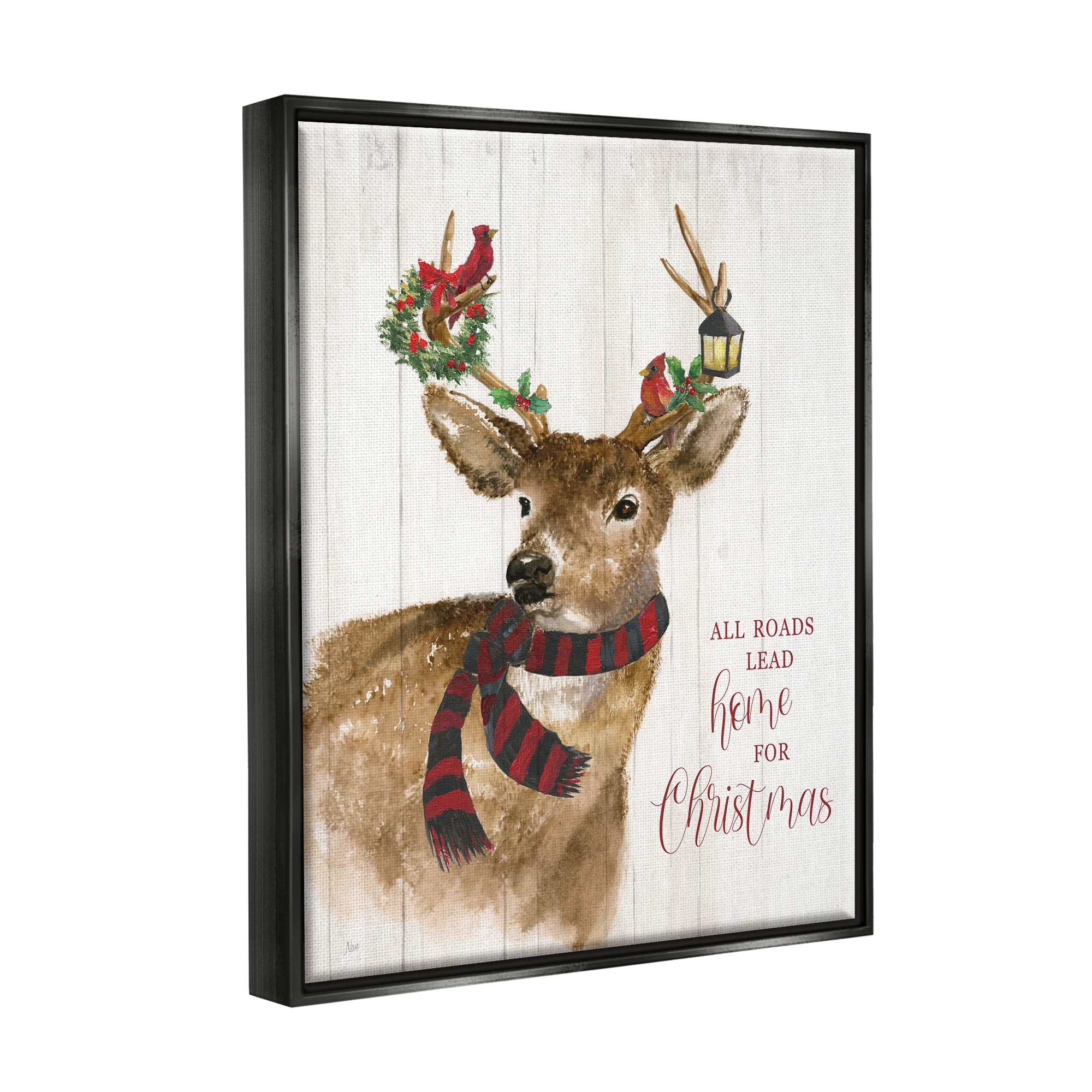 Stupell Industries All Roads Lead Home Christmas Deer Holiday Painting Black Floater Framed Art Print Wall Art