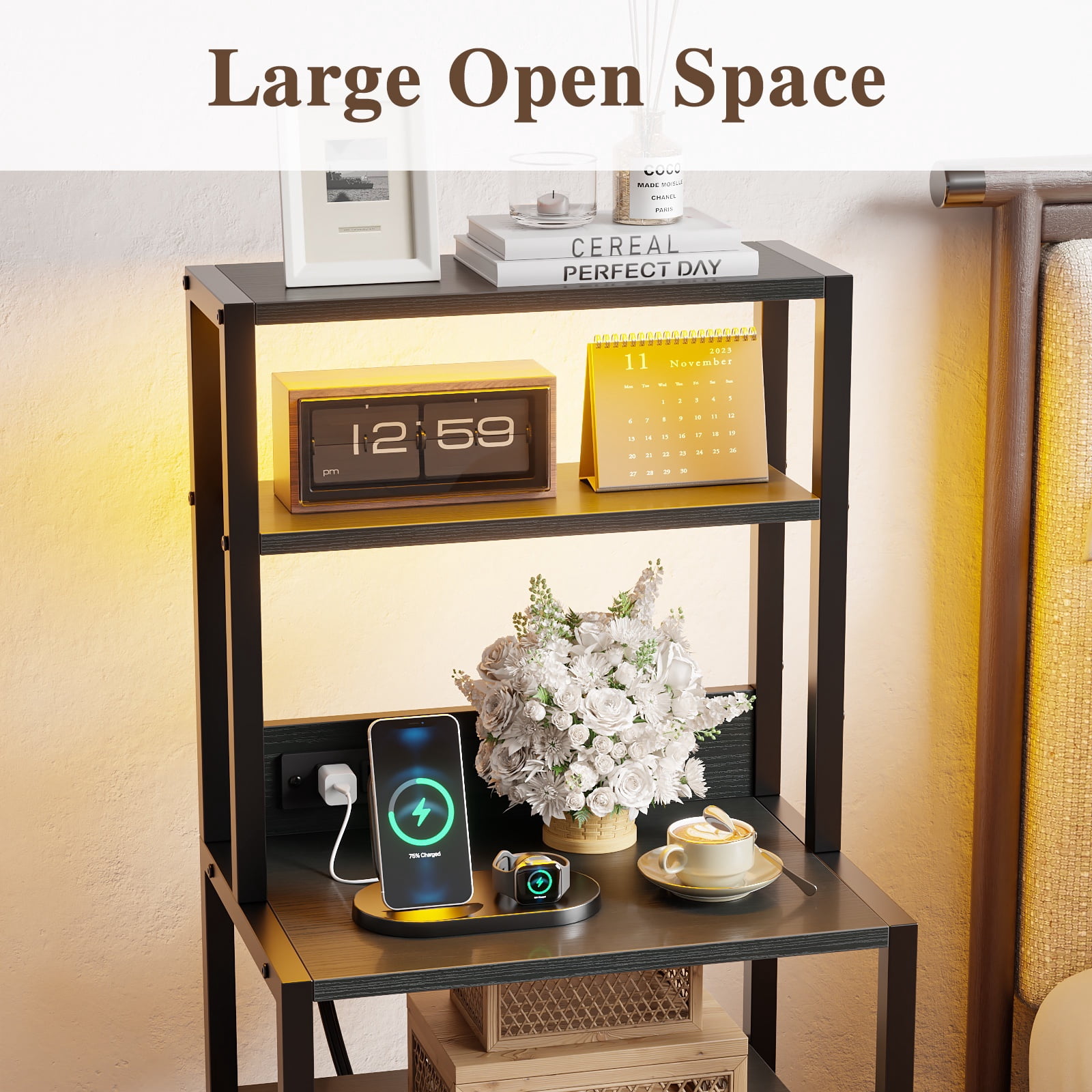 Satifur Tall LED Nightstand,Bedside Table with Charging Station,3 Fabric Drawers & Shelfs for Bedroom Living Room,Black Oak