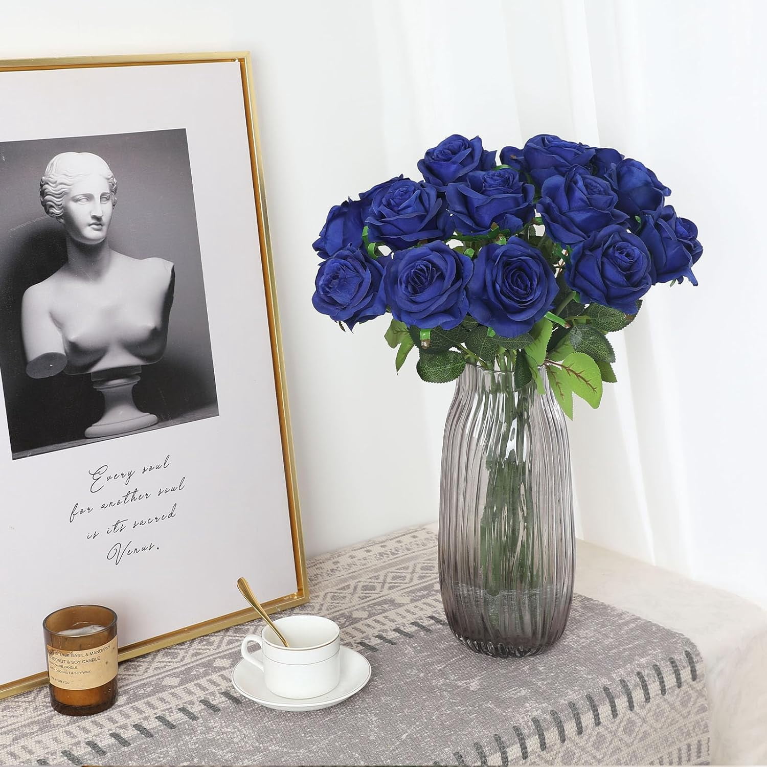 Blue Fake Roses Artificial Flowers - Fake Artificial Roses Silk Flowers with Stems for Home Wedding Hotel Office Centerpiece Decor（Navy Blue）