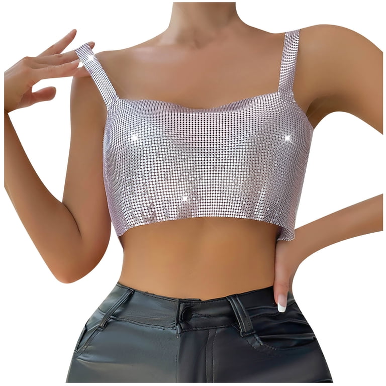 XUNZOO Women's Metallic Crop Top - Shiny Silver Long Sleeve/Sleeveless High Neck T-Shirt, Stretchy Polyester For Rave, Festival, Clubwear