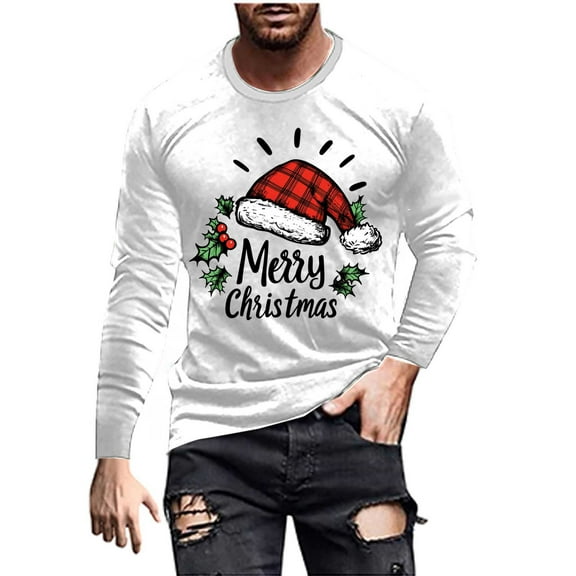 HUJlwoi Mens Christmas Shirts Casual Printed Crew Neck Tops Long Sleeve T Shirt Regular Fit Trendy Basic Winter Outfits