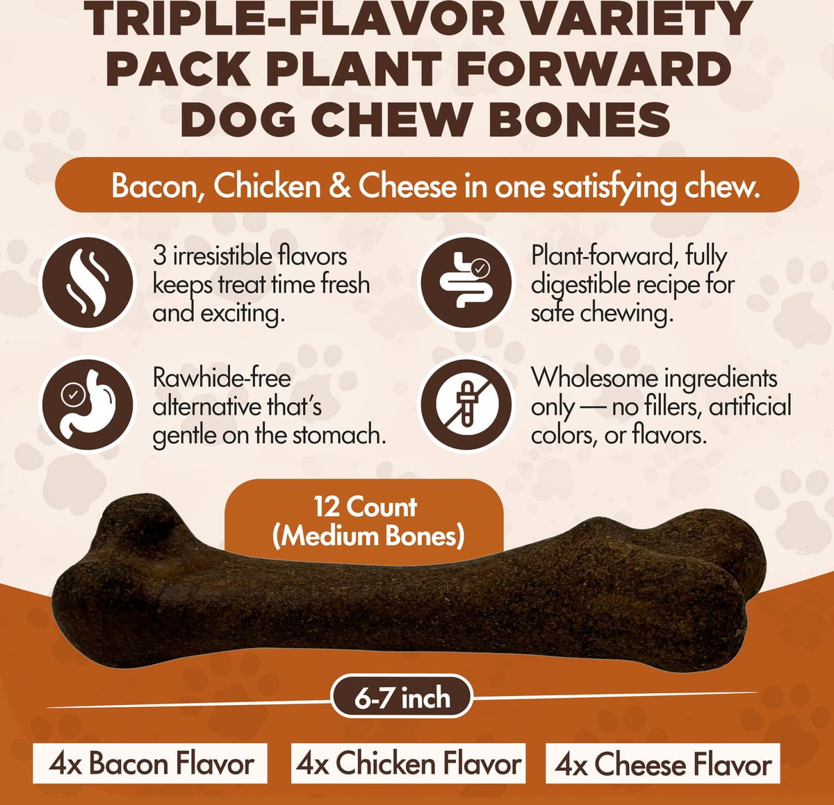 Scoochie Pet Chewka Mixed Variety Pack Bacon, Chicken & Cheese Flavored Plant-Forward Fully Digestible Dog Chew Bone, Medium, 12CT