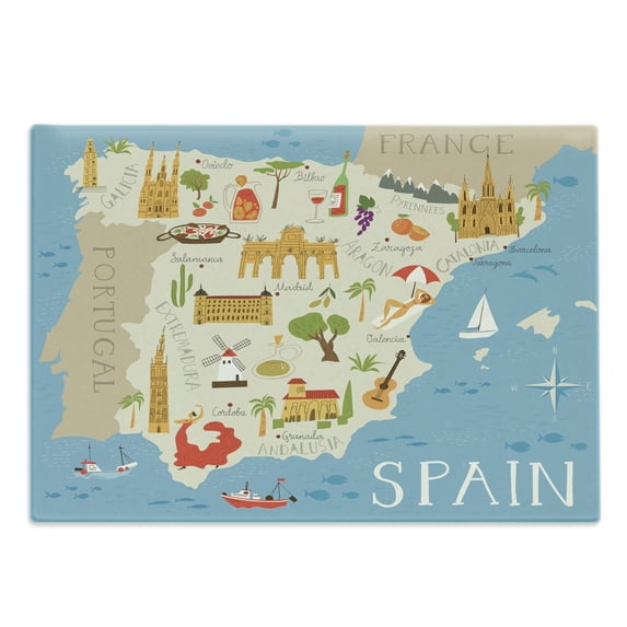 Travel Cutting Board, High Detailed Spain Mapping Calligraphy and Famous Country Items and Landmarks, Decorative Tempered Glass Cutting and Serving Board, in 3 Sizes, by Ambesonne
