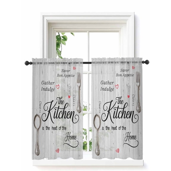 Grey Retro Art Curtains 54 Inch Length, Sheer Curtains for Bedroom Living Room Window Spoon Fork Vintage Farmhouse Wooden Rod Pocket Voile Drapes Kitchen Curtains Small Half Window 42"x54" 2 Panels