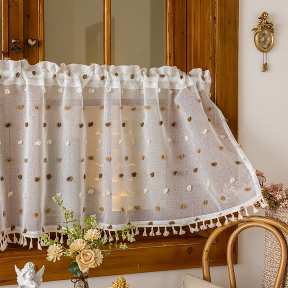 Faty-T Boho Pom Pom Sheer Valance Kitchen Curtains 18 Inches Long 1 Panels, Semi Sheer Rod Pocket Over Sink Cafe Curtain, Window Short Small Drapes (Green,70"x18")
