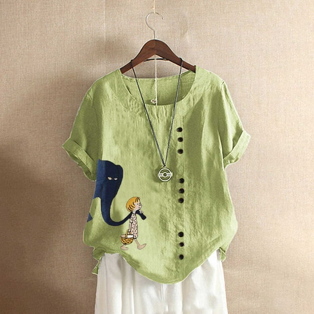 LOVZFMLL Hauts d'Été pour Femmes Mode Été Col Rond Loisirs Manches Courtes Boutons Imprimés Hauts