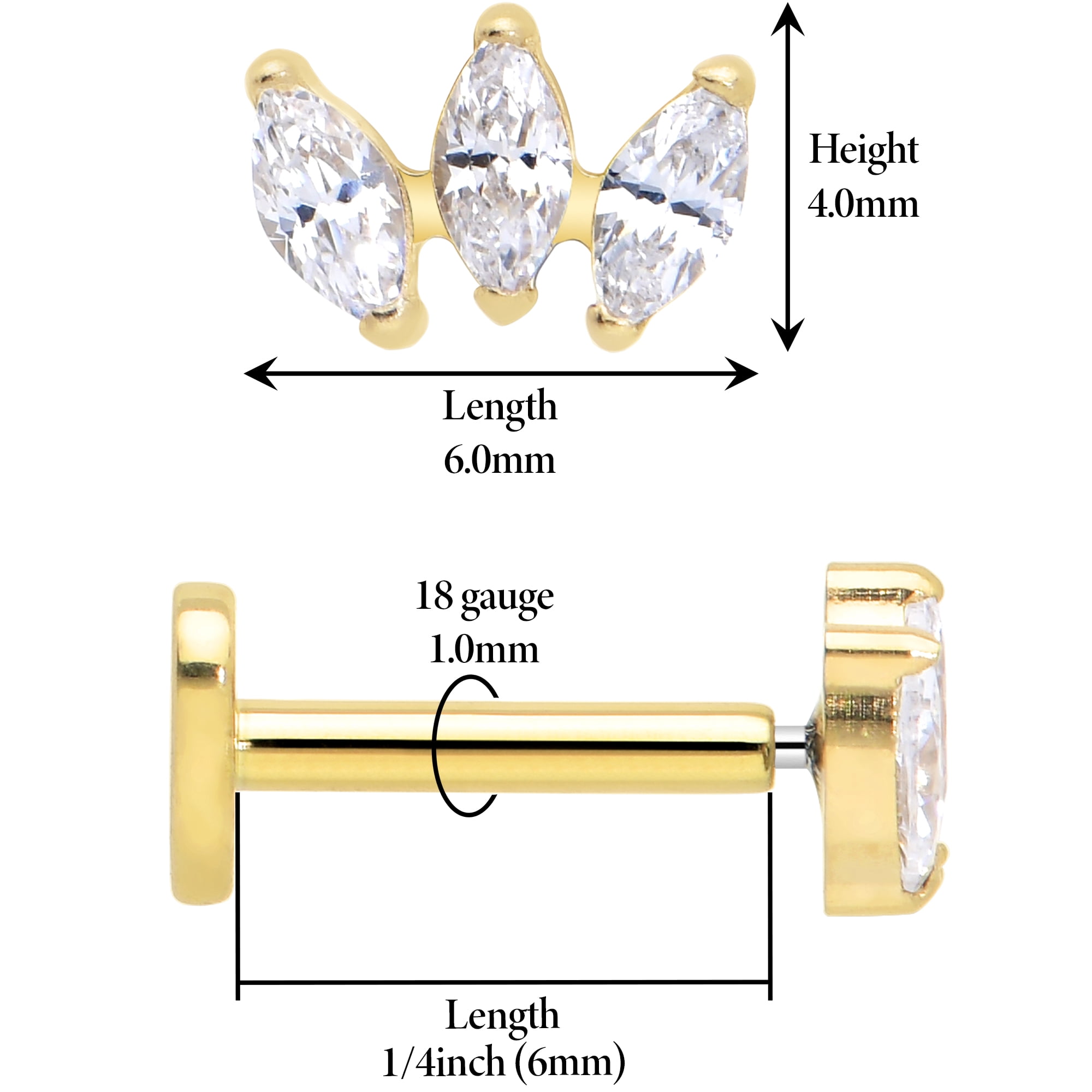 Body Candy Flat Back Cartilage Earring - 18 Gauge 1/4 14k Gold Plated ASTM Titanium Trio Reversible Heart Threadless Stud Earring for Cartilage, Conch, Helix, Labret, Tragus, Monroe