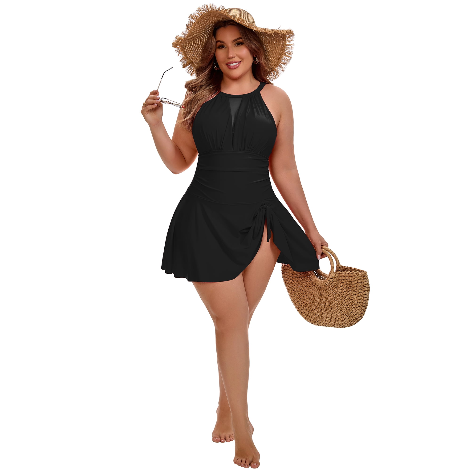 DARING DIVA Women's Plus 1 Piece Halter Mesh Sheer Tie Swimwear L Black