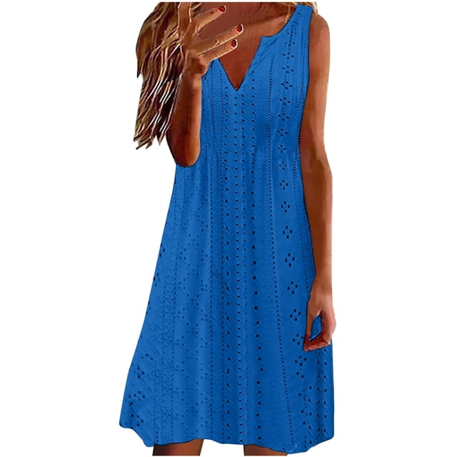 Ruimatai Robe Courte d'Été Sans Manches pour Femme, Décontractée, Couleur Unie, Col en V, Fluide, Robe Courte, Robe de Plage pour Fête