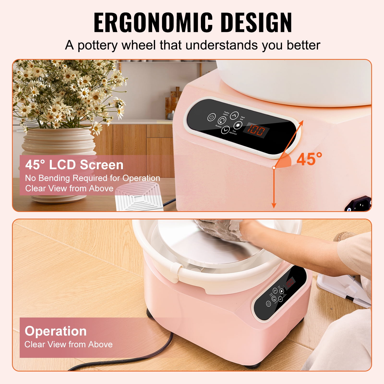KFFKFF Pottery Wheel, 11" Crafting Wheel, 350W Electric Motor, Includes Foot Pedal & LCD Touch Screen, Direct Drive Design, Comes with Sculpting Tools, Ideal for DIY Art Projects, Pink
