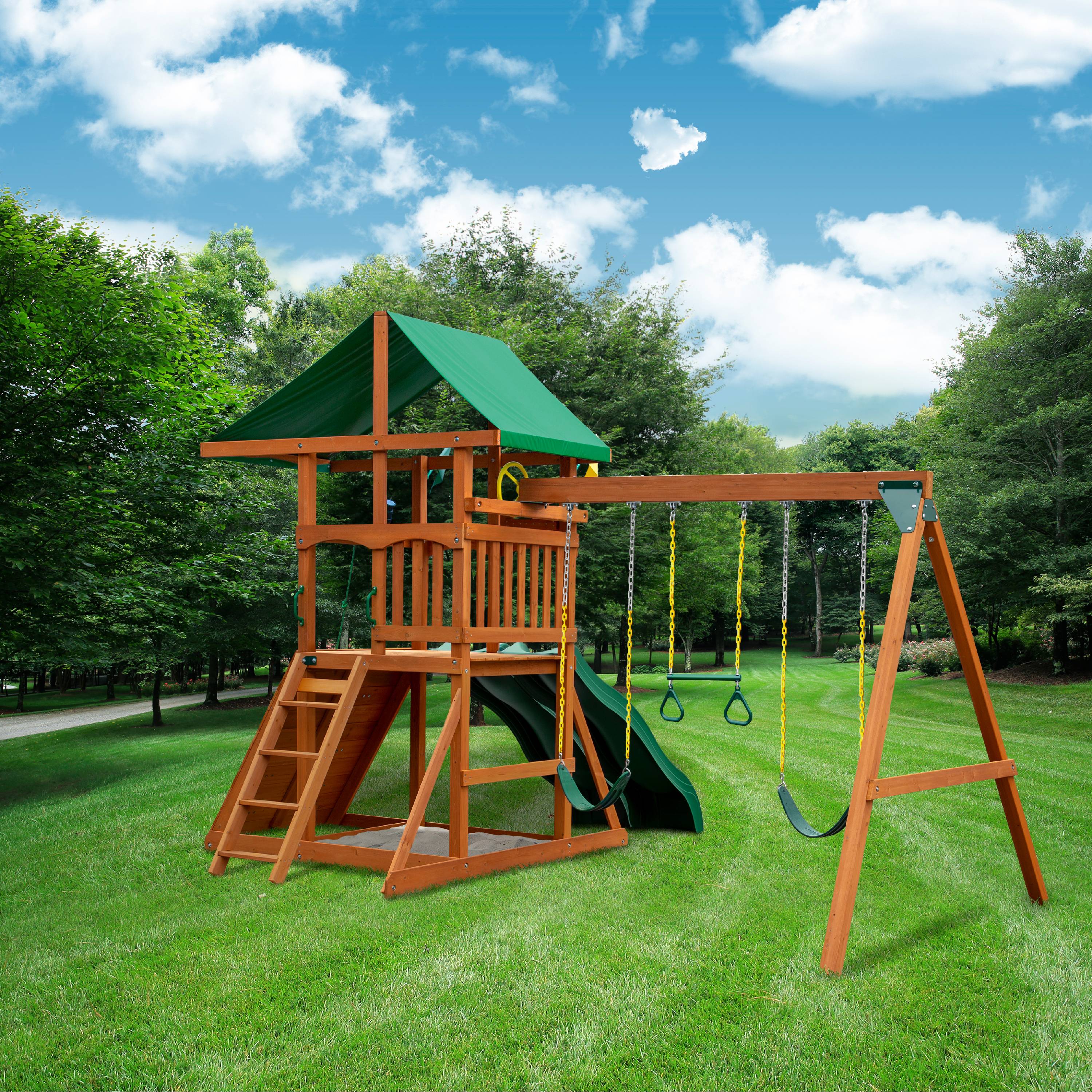 Gorilla Playsets Avalon 01 1085 Wood Swing Set With Vinyl Canopy Dual Alpine Slides And Rock 7454