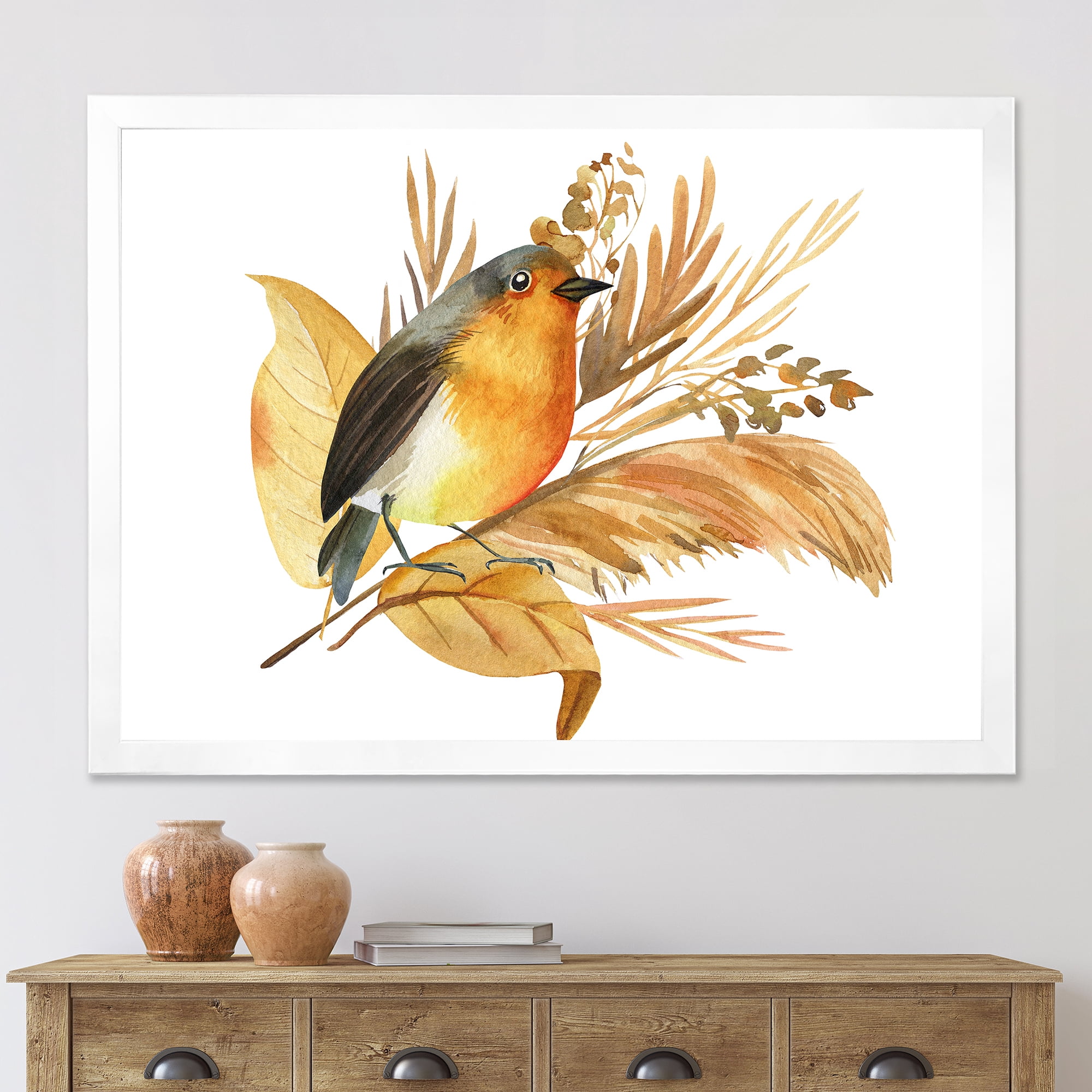 Designart 'Autumn Flowers and Robin Bird' Traditional Framed Art Print