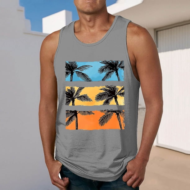 Camiseta sin mangas de cuello redondo para hombre, estampada, informal, deportiva, elástica, de moda, de poliéster.