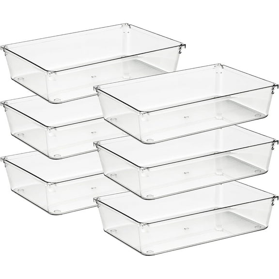 6 Pack Drawer Organizer - 6" X 9" Plastic Storage Bins, Acrylic Organizers with Non-Slip Pads Clear Desk Storage Tray for Makeup, Jewelries, Kitchen Utensils, Bathroom and Office