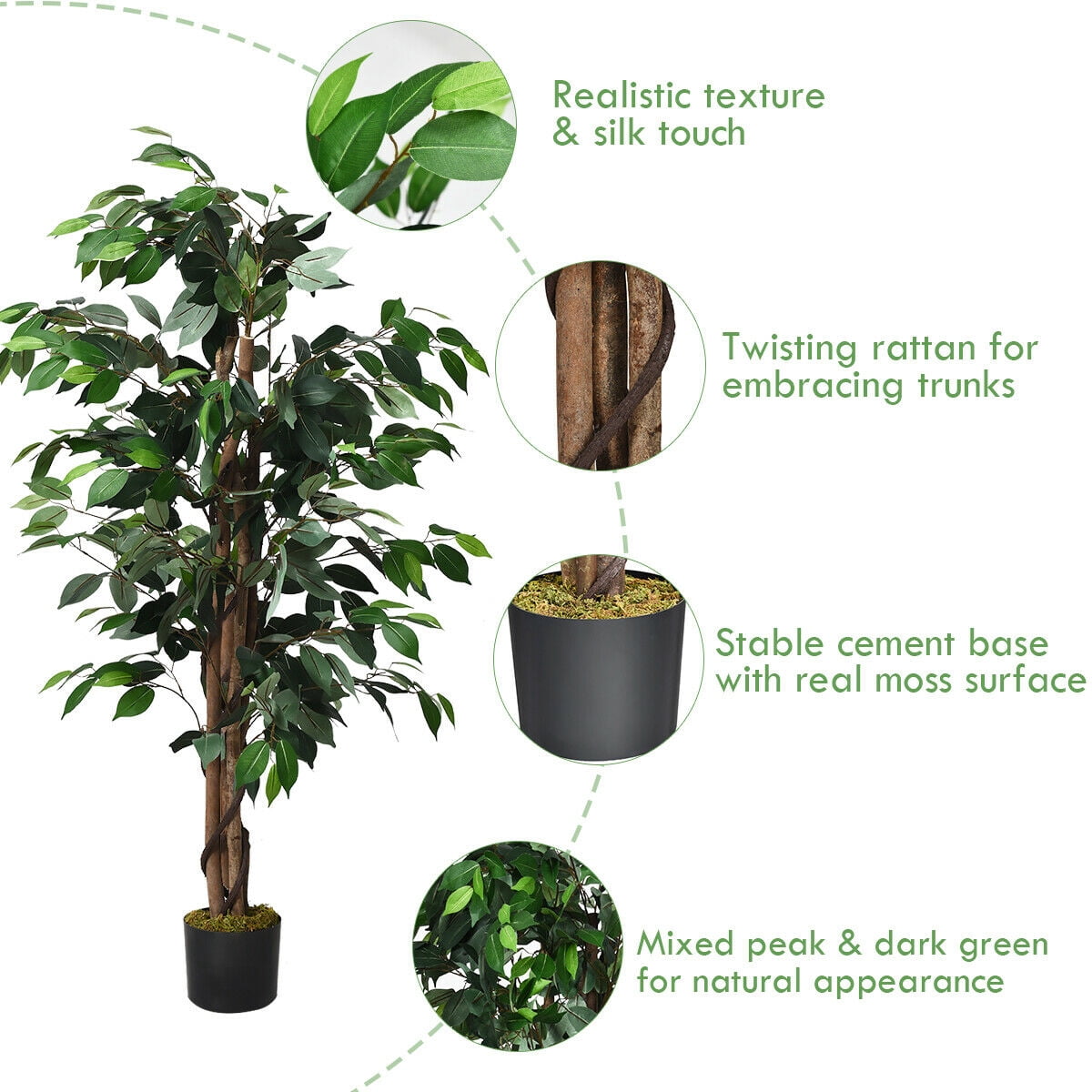 4 ft Artificial Ficus Artificial Tree in Green Polyester Pot, by Gymax