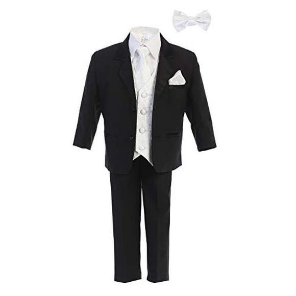 Little Gents Boys Tuxedo Suit Black with White Paisley Vest - Toddler Tuxedo for Wedding and Communion - Modern Fit Size 2t