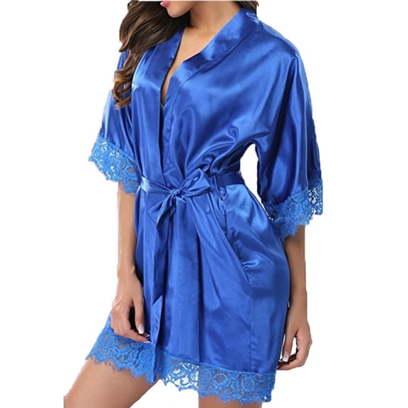 ZAXARRA Women Satin Robe Kimono Dress Lace Gown Sleepwear