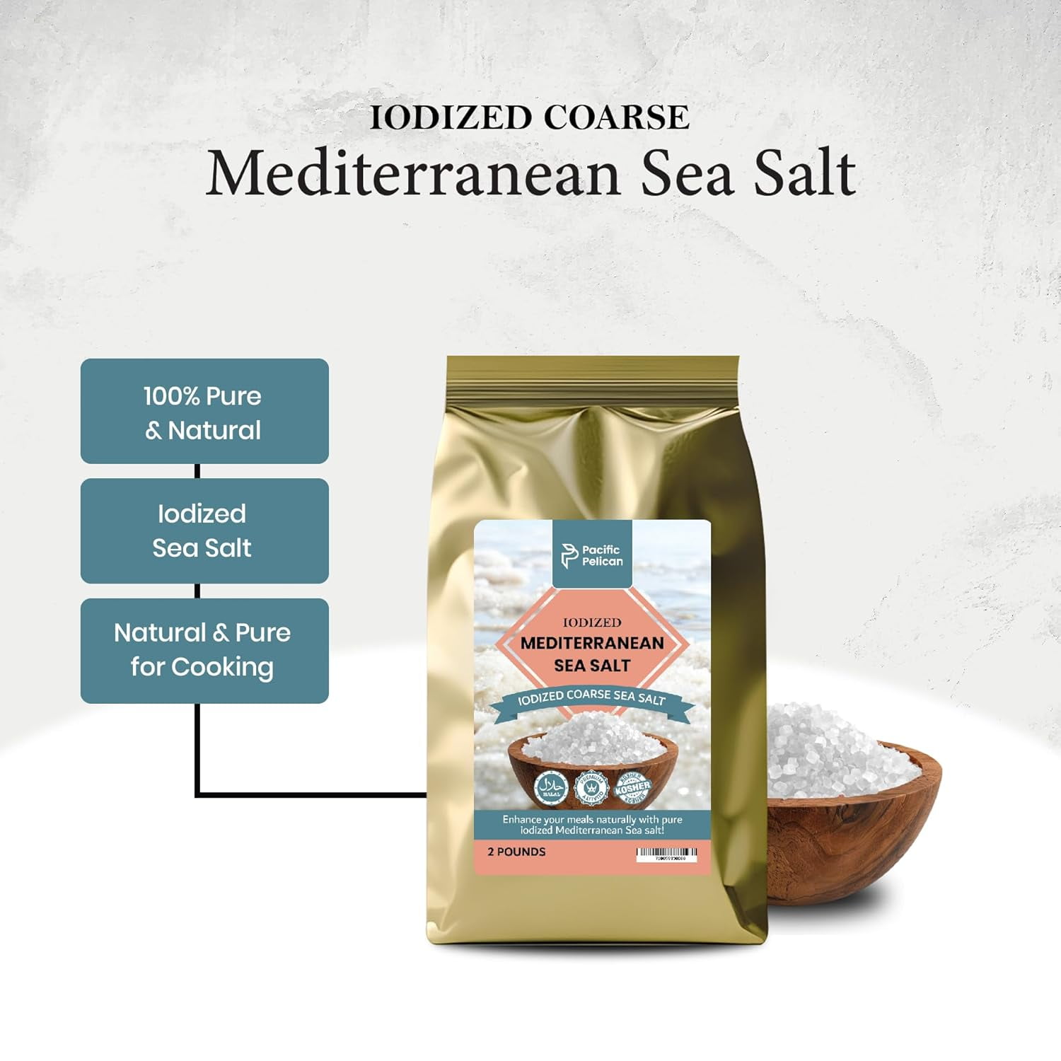 Pacific Pelican Iodized Mediterranean Sea Salt – 2 Pounds – Coarse Grain | Pack of 2 | Natural, Pure Sea Salt for Cooking, Seasoning & Wellness