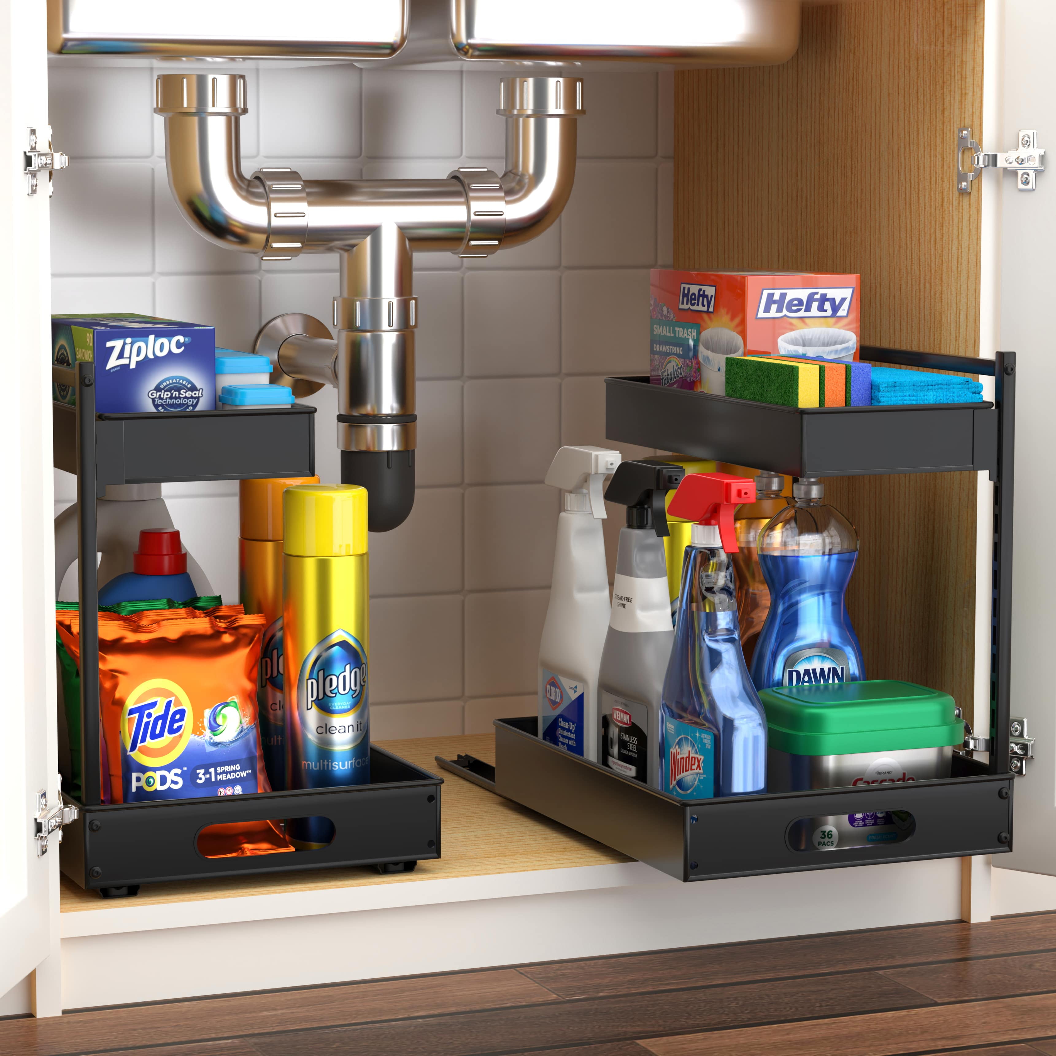 Sorbus 2-Tier Under Sink Organizer with Sliding Drawers, No-Drill Storage Rack (2 pack Black)