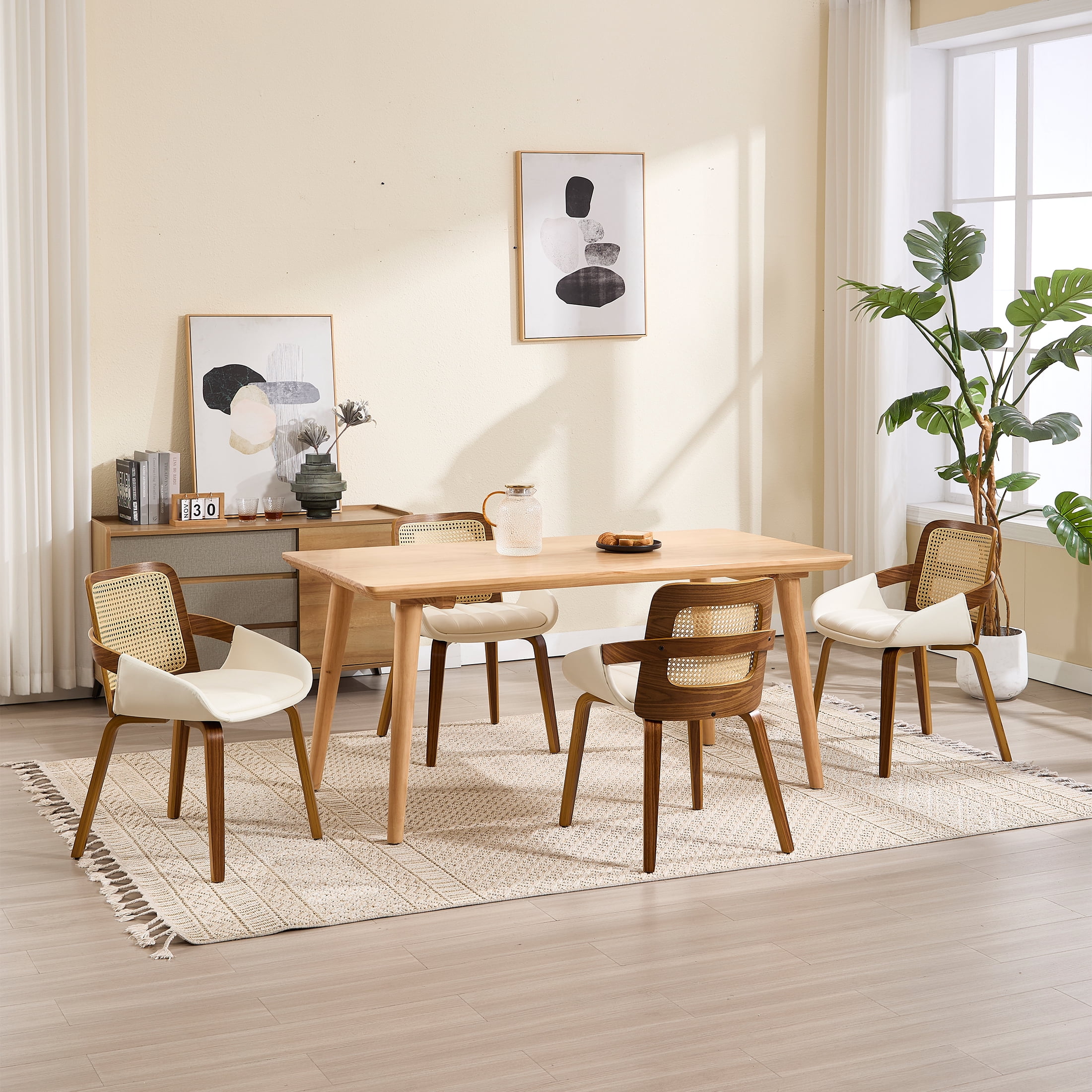 Guyou Modern Rattan Dining Chair Set of 6, Solid Wood Dining Side Chairs, PU Upholstered Kitchen Chairs with Armrests for Kitchen Dining Room Living Room, White