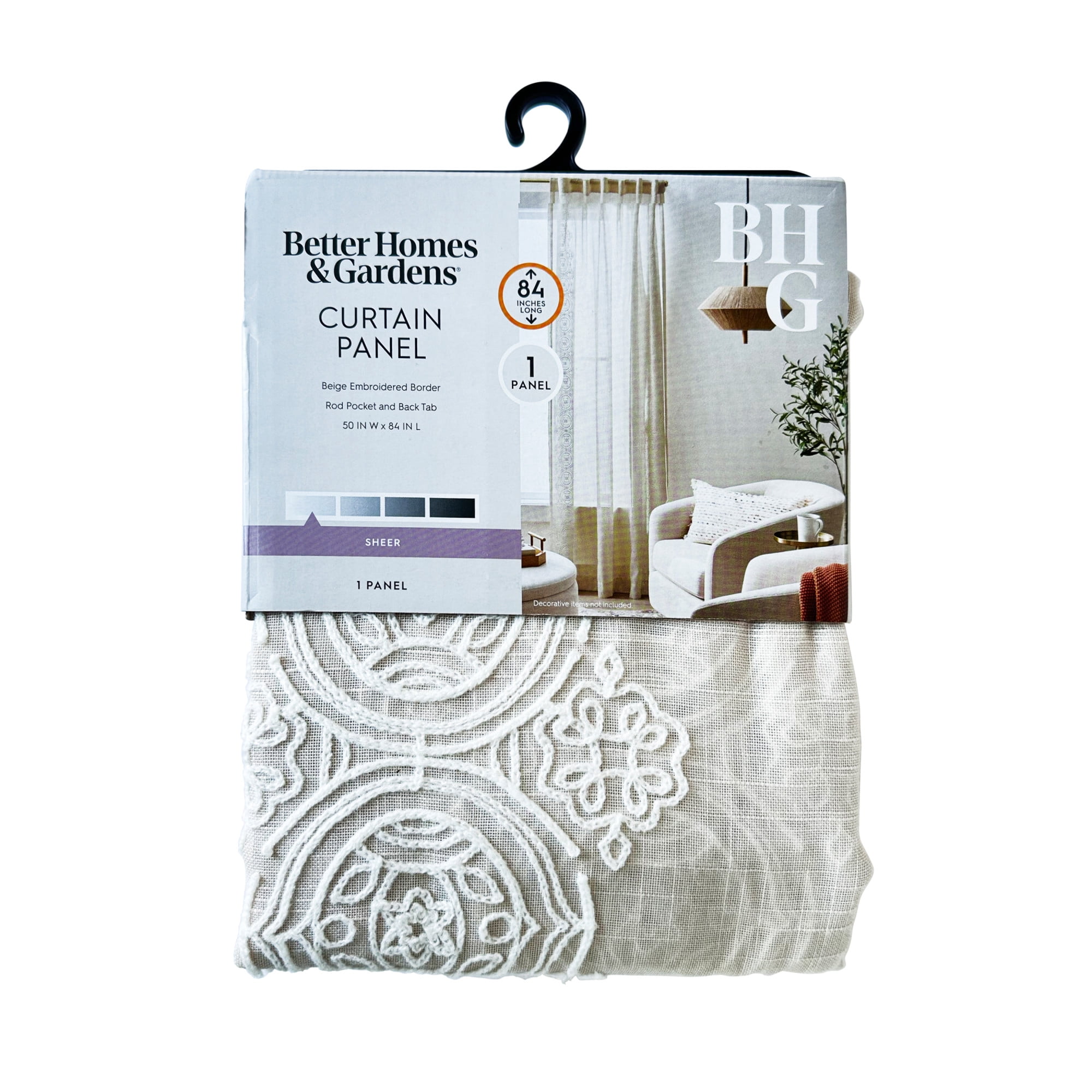 Better Homes & Gardens Embroidered Border Papyrus Beige Light Filtering Pole Top Back Tab Single Curtain Panel, 50" W x 84" L