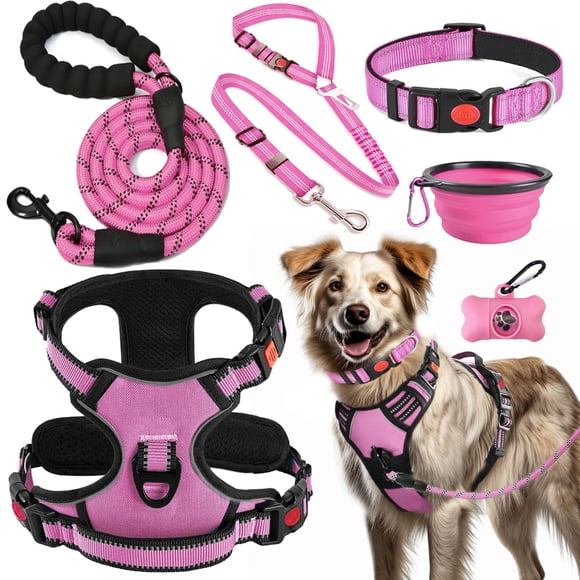 Set de arnés, collar y correa para perro Lobeve, antitirones, rosa, talla L