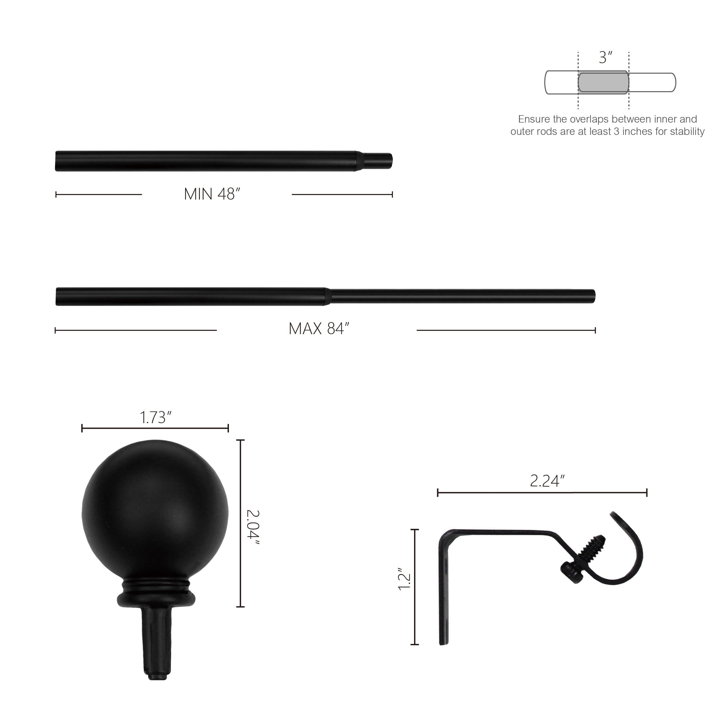 Mainstays 1/2" Black Ball Adjustable Single Curtain Rod, 48-84"