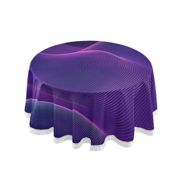 Round Single Sided Printed Tablecloth, 60 Inch Polyester Round Table Cover with White Lace Trim, Wrinkle Resistant Decorative Table Cloth for Home Purple Curve