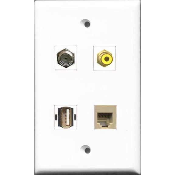 RiteAV 1 Port RCA Yellow and 1 Port Coax Cable TV- F-Type and 1 Port USB A-A and 1 Port Phone RJ11 RJ12 Beige Wall Plate