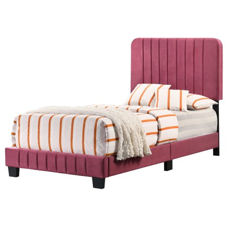 UPC: 0196648003173 | Home Bedroom Furniture Lodi Cherry Velvet Upholstered Channel Tufted Twin Panel Bed
