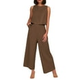 thumbnail image 1 of Conjunto de dos piezas de lino de color liso para mujer: top corto sin mangas con botones y pantalones de pierna ancha, tejido transpirable para el verano, 1 of 8