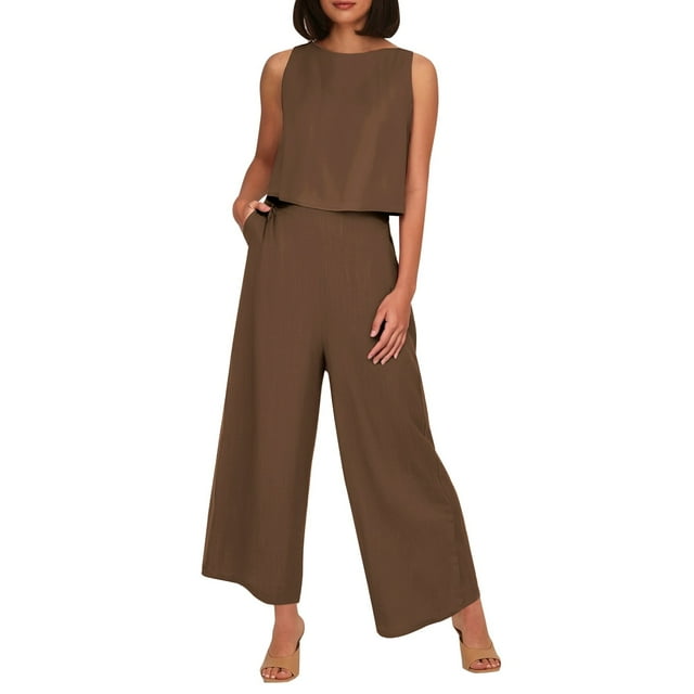 Conjunto de dos piezas de lino de color liso para mujer: top corto sin mangas con botones y pantalones de pierna ancha, tejido transpirable para el verano