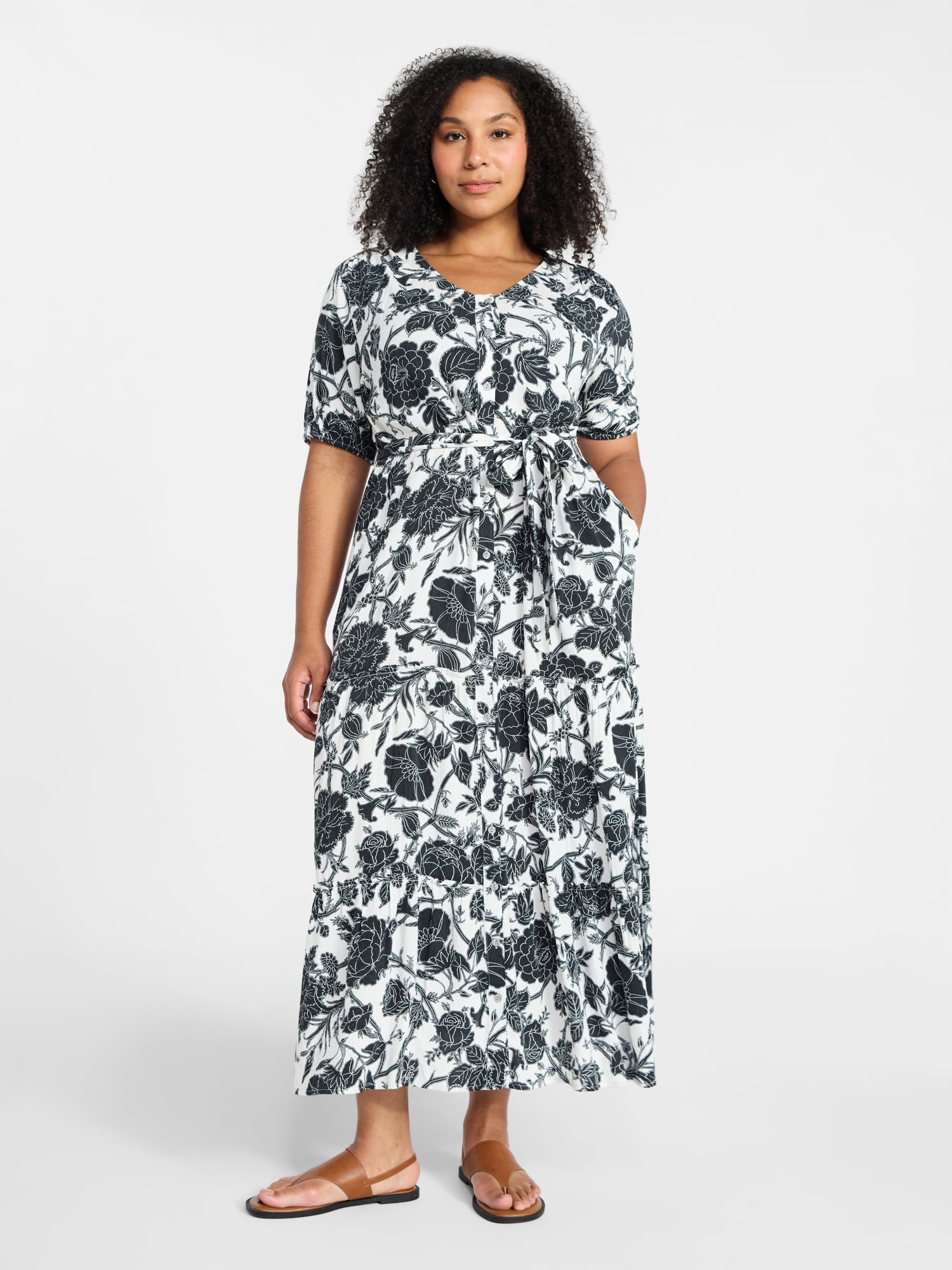 Time and Tru Women's Crinkle Maxi Dress with Short Sleeves, Sizes