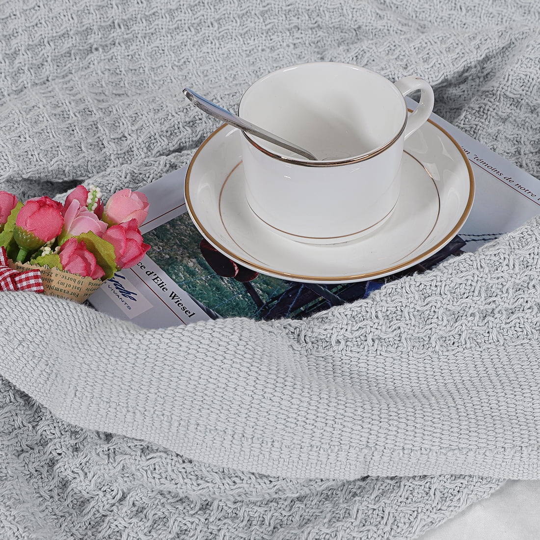 Unique Bargains Cotton Waffle Weave Bed Throw Blanket Gray 90" x 90"