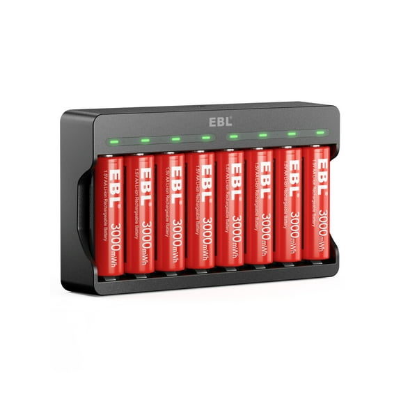 EBL 8 Pack Rechargeable Lithium AA Batteries 1.5V with 8 Slots Lithium Battery Charger