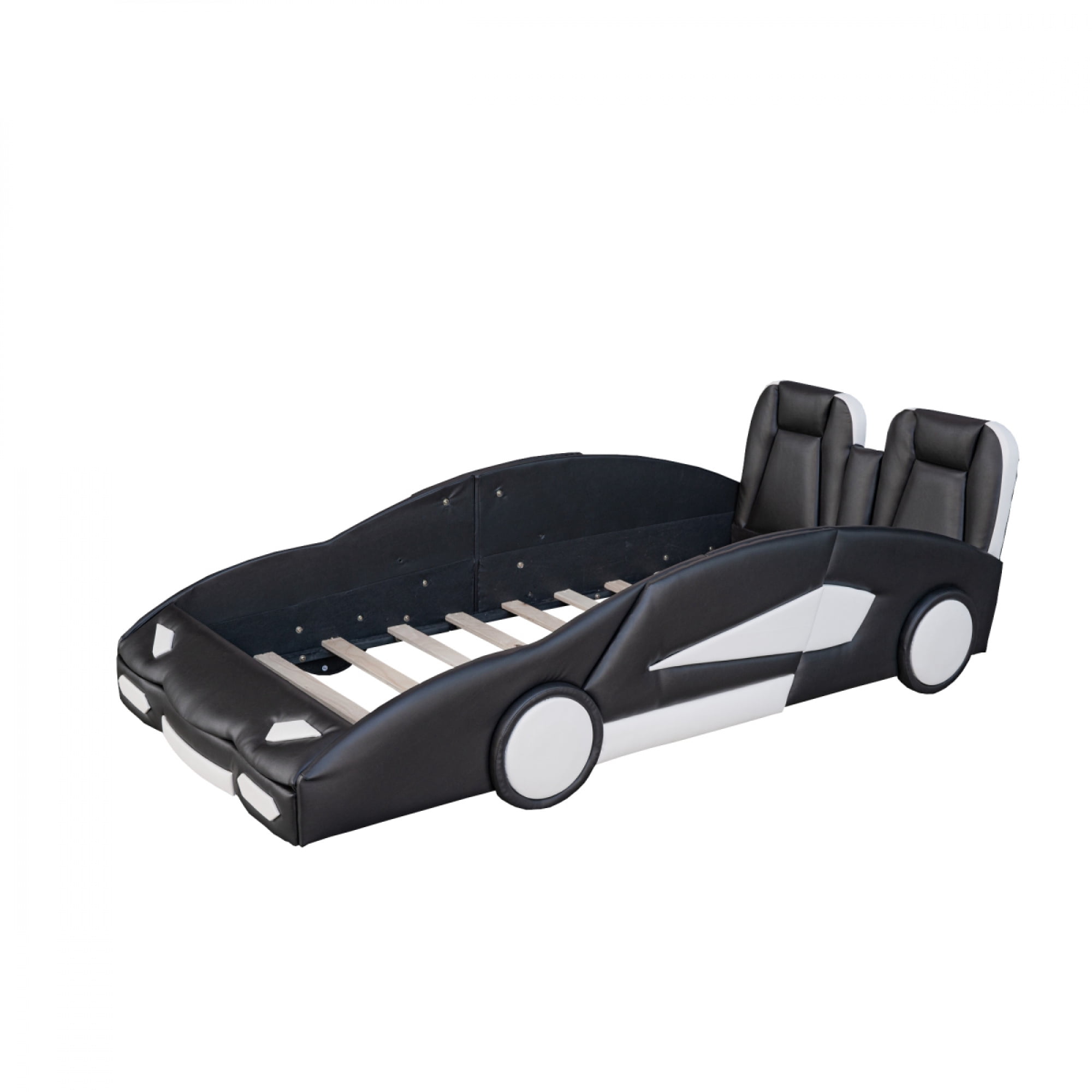 Twin Size Race Car-Shaped Platform Bed with Wheels for Kids, Wooden Bed Frame for Bedroom, No Box Spring Needed,Black