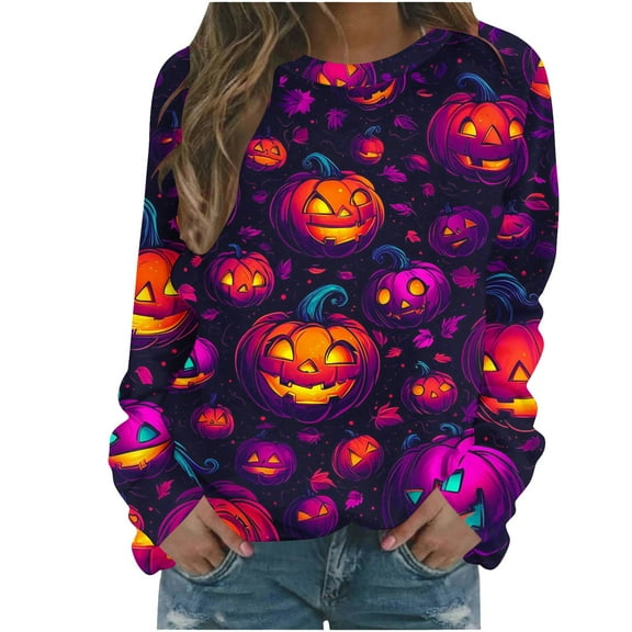FDGIU 2025 Halloween Shirts Women Crewneck, Cute Ghost Pumpkin Graphic Casual Long Sleeve Tops, Loose Fit Pullover for Autumn Parties