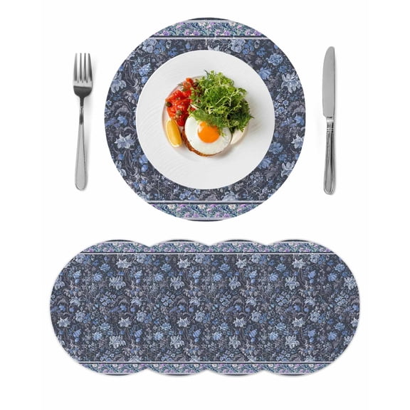 Navy Blue Floral Round 13 Inch Placemats Set of 4, Ethnic Tribe Abstract Art Flowers HeatResistant Non Slip Place Mats for Dining Table, Wipeable Braided Kitchen Table Mats for Housewarming