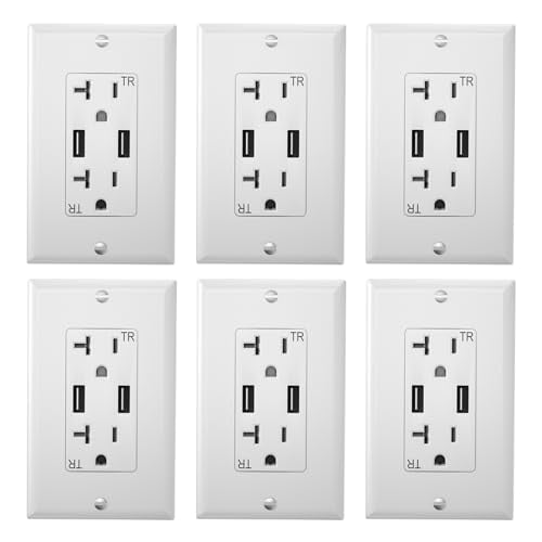 USB Outlet High Speed Charger 4.2A Charging Capability, 20 Amp Tamper-Resistant Receptacle Plug Wall Socket, ETL Listed, Wall Plate Included, White, 6 Pack$$Tools & Hardware Other