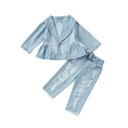 Toddler Baby Girl Ruffle Denim Coat Button Down Jeans Jackets Ripped Jeans 2Pcs Fall Winter Outfits