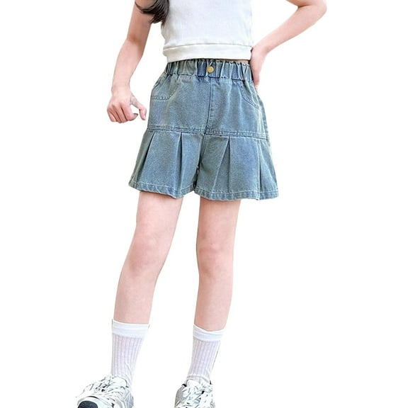 KAUOD Jean Skirt for Girls, Teens Kids Elastic Waist A Line Denim Skirts, Y2k Pleated Ruffle Flared Gymnastics Shorts