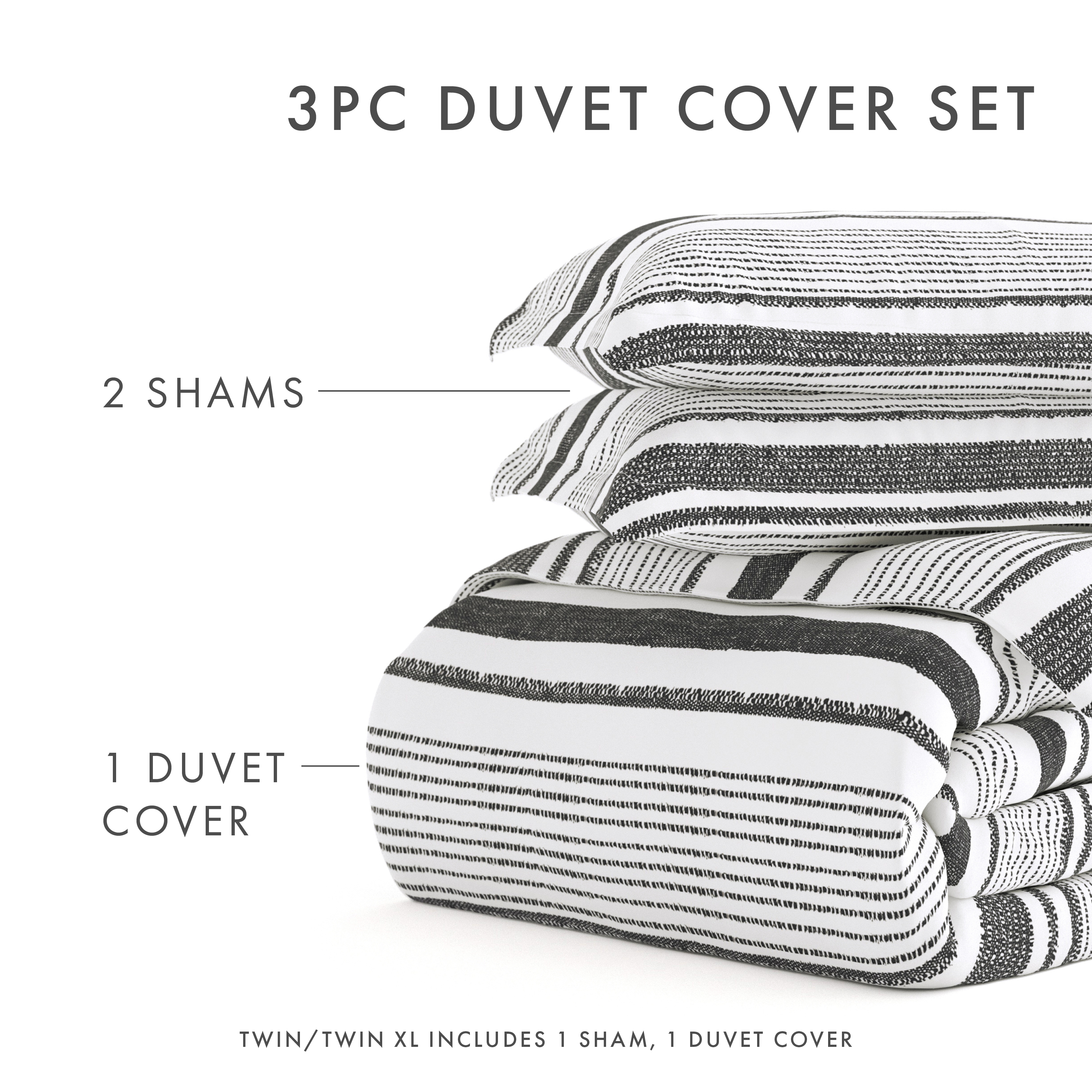 Noble Linens Light Gray Vintage Stripe Pattern 3-Piece Duvet Cover Set, Full/Queen