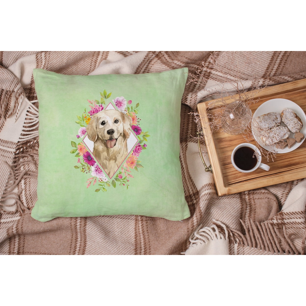 Golden Retriever Green Flowers Fabric Decorative Pillow