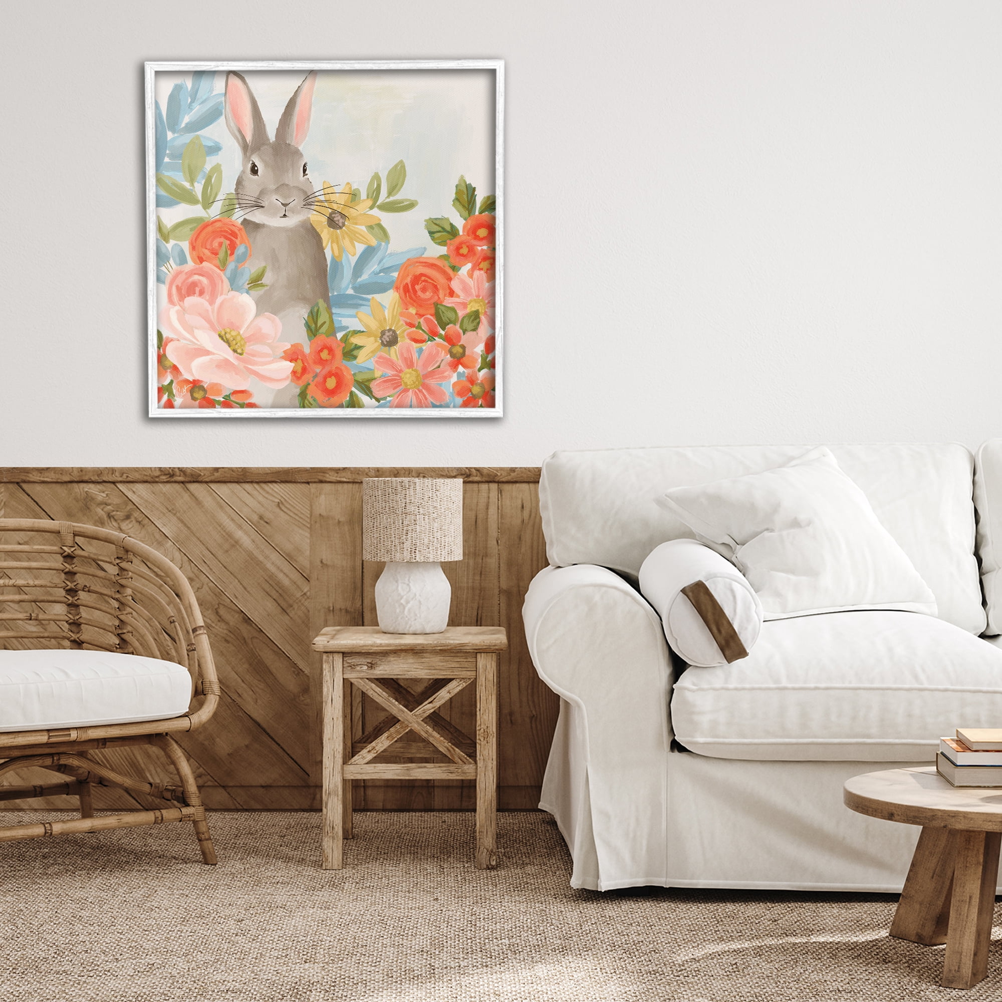 Stupell Industries Bunny Among The Blooms White Framed Giclee Art, design by Cat Thurman Designs