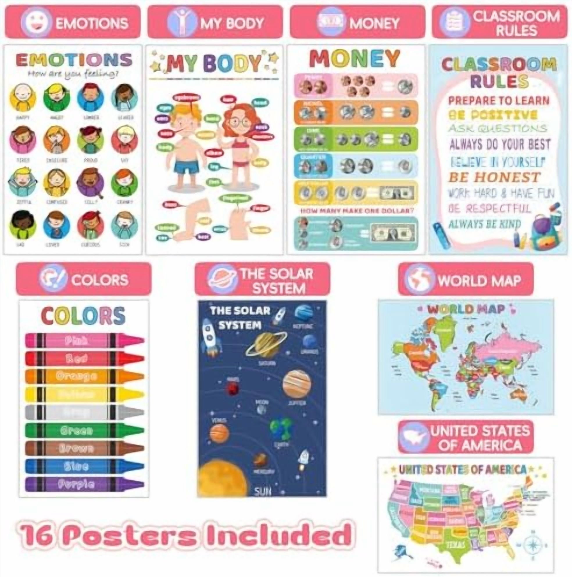 16 Educational Posters for Toddlers 1-3, Laminated Classroom Learning Posters for Kids 3-5, Kindergarten Classroom Must Haves, Preschool Homeschool Supplier Materials Alphabet Number Chart Classr
