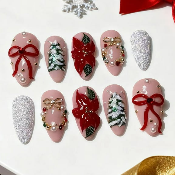 Christmas Press on Nails, 24PCS Almond Glitter Fake Nails with 3D Christmas Trees & Bows, Hand-Applied Rhinestones, Reusable DIY Nail Art Kit for Holiday Manicure