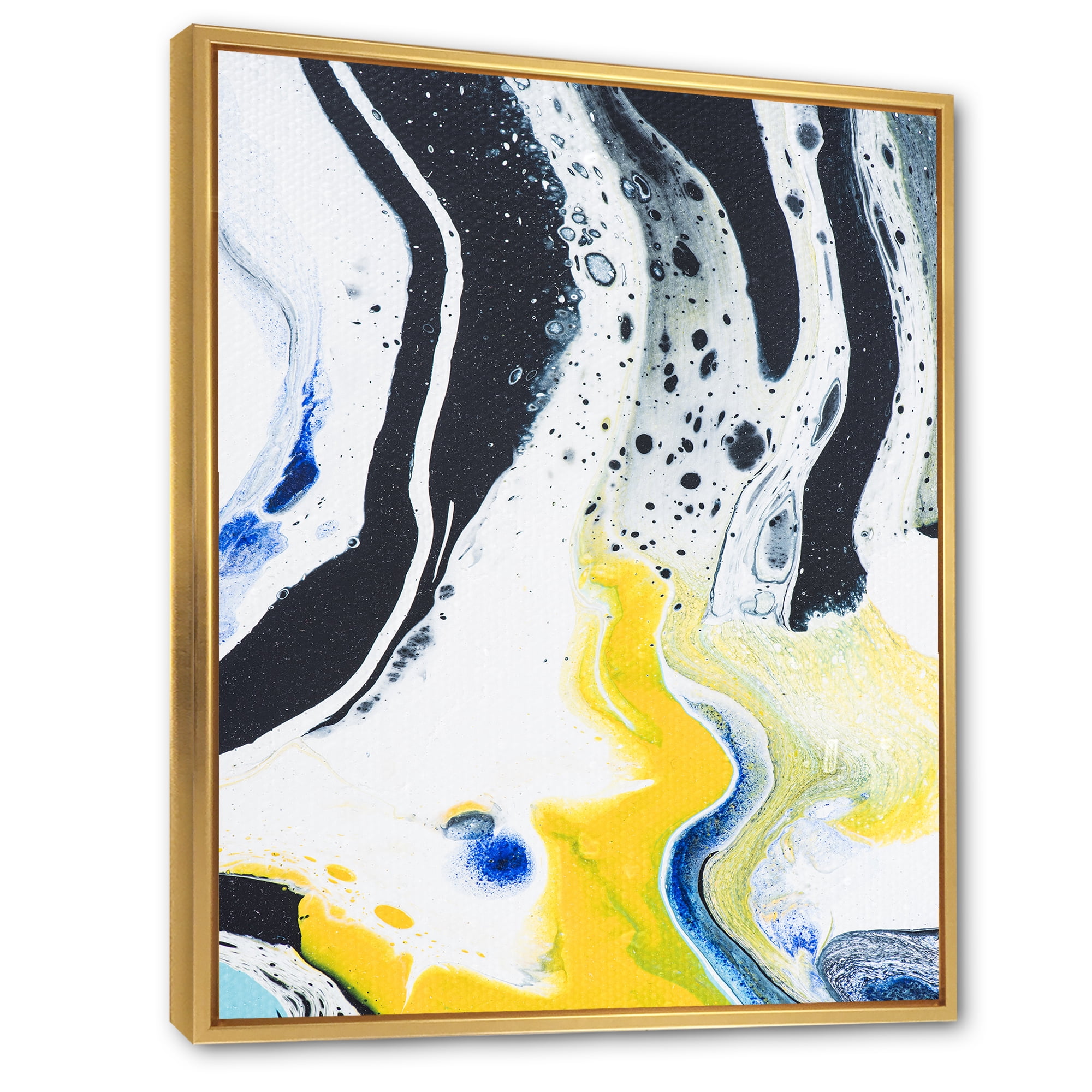 Abstract Marble Composition In Blue and Yellow IV 12 in x 20 in Framed Painting Canvas Art Print, by Designart